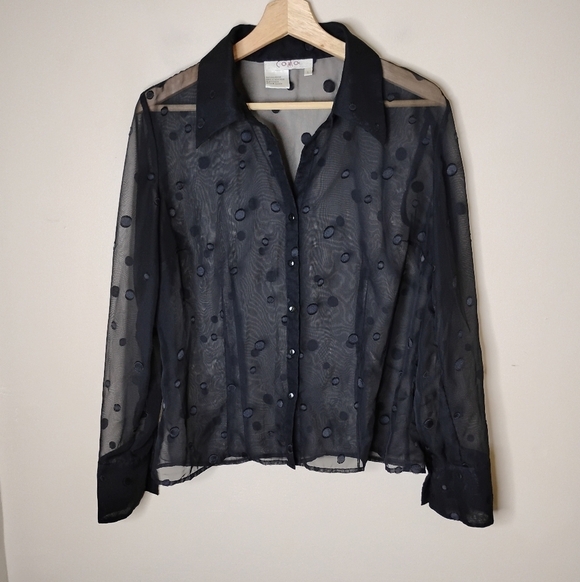 Como Vintage Sheer Black Blouse Size L Polka Dot Whimsy Fairy Grunge - Picture 2 of 7